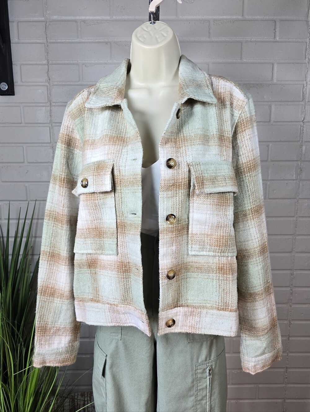 Umgee Teal And Brown Plaid Cropped Shacket Medium